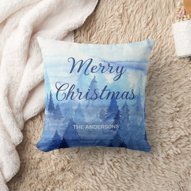 Coussin Arbres de pin aquarelle bleue Noël joyeux  (Couverture)