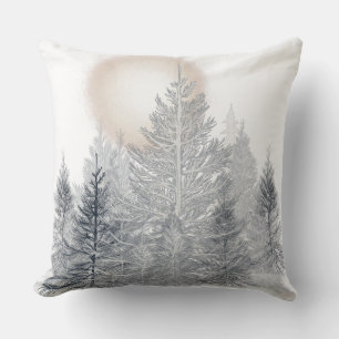 Coussin Arbres d'hiver et soleil, Noir et blanc givrés