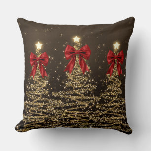 Coussin Arbres Étincelants de Noël Rouge Or Faux Nœud
