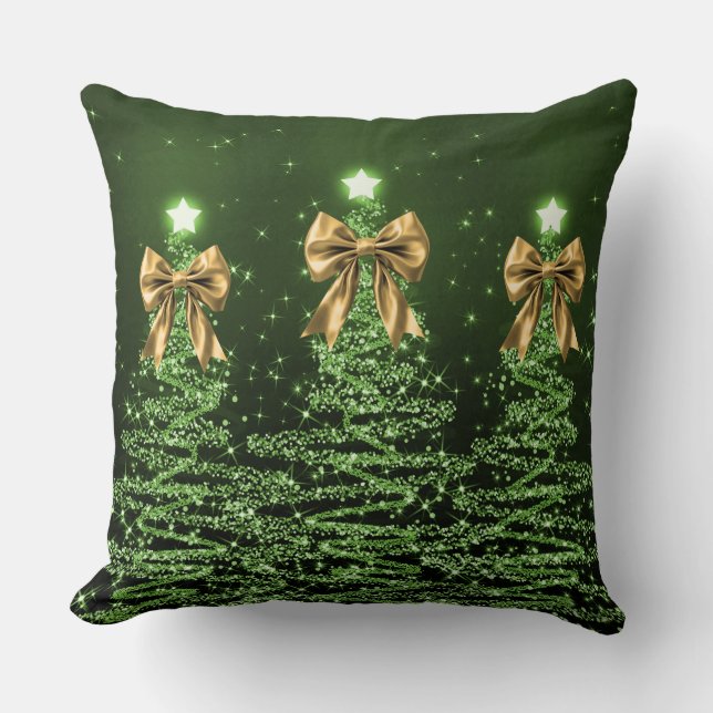 Coussin Arbres Étincelants de Noël Verts avec Nœud Doré Fa (Recto)