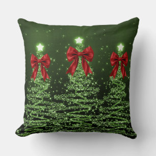 Coussin Arbres Étincelants de Noël Verts avec Nœud Rouge F