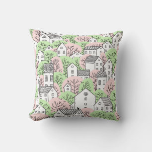 Coussin Arbres, maisons, paysage de la ville de printemps
