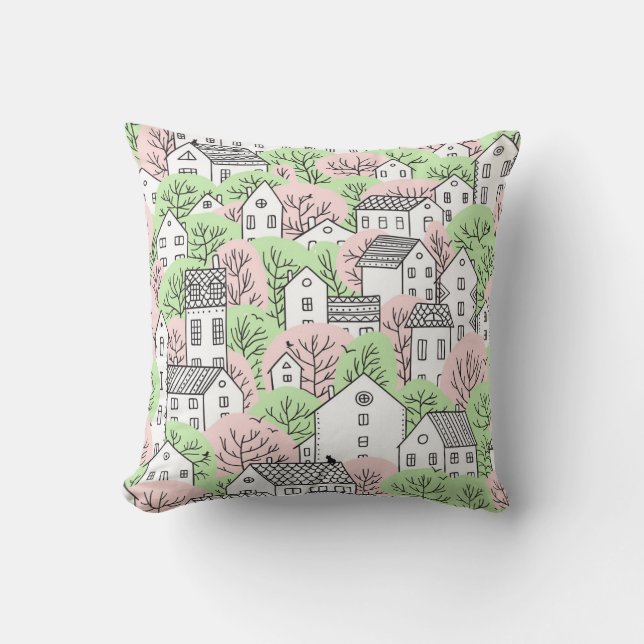 Coussin Arbres, maisons, paysage de la ville de printemps (Recto)