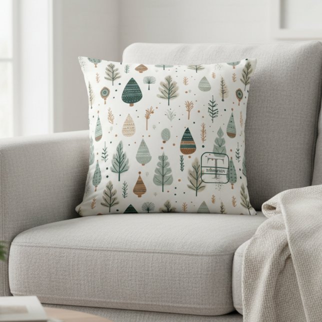 Coussin Arbres nordiques Monogramme scandi Nom (Créateur téléchargé)