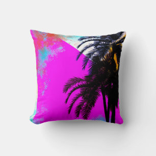 Coussin Arbres palmiers de plage colorés rétro rose d'été