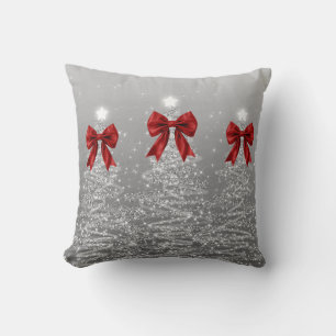 Coussin Arbres scintillants de Noël élégants ruban rouge f