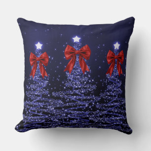 Coussin Arbres scintillants de Noël Navy avec Nœud Rouge F