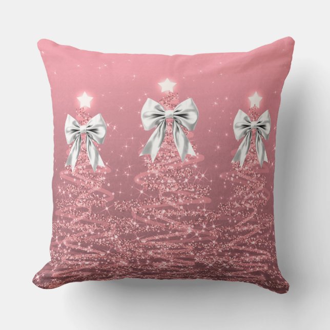 Coussin Arbres scintillants de Noël rose poudré avec ruban (Recto)