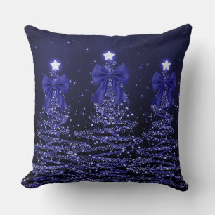 Coussin Arbres scintillants de Noël ruban bleu marine Faux