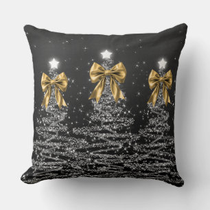 Coussin Arbres scintillants de Noël ruban doré faux argent