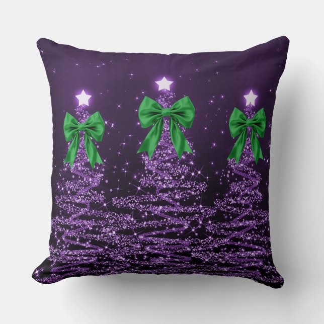Coussin Arbres scintillants de Noël violets avec un faux n (Recto)