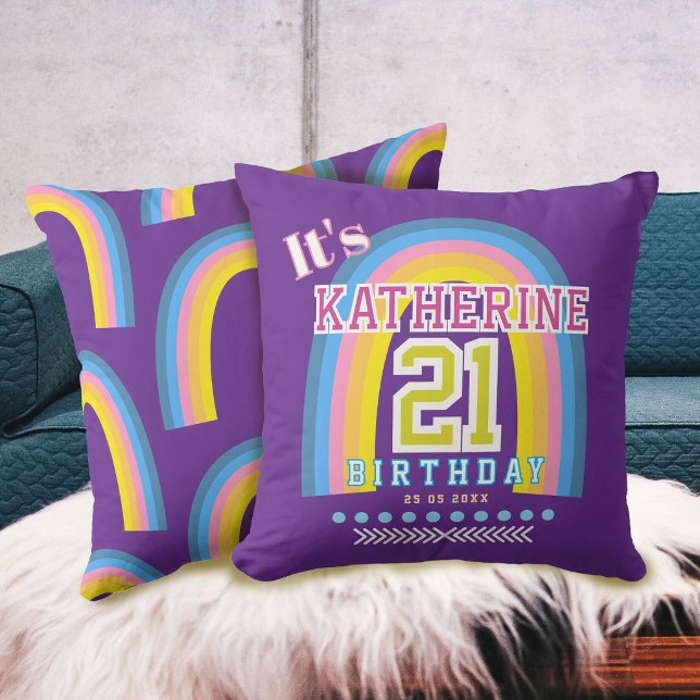 Coussin Arc-en-ciel 21e anniversaire Violet (Rainbow 21st Birthday Purple Throw Pillow)