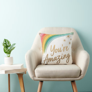 Coussin Arc-en-ciel avec paillettes d'or et texte "Vous êt