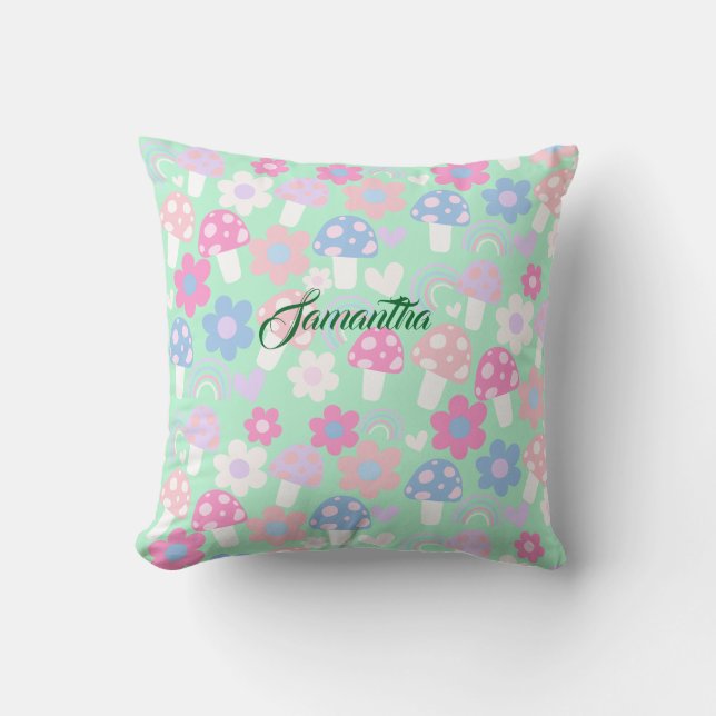 Coussin Arc-En-Ciel, Champignons Et Fleurs (Recto)