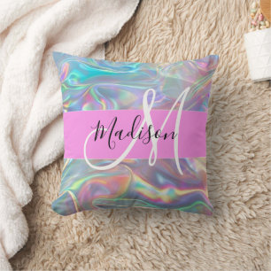 Coussin Arc-en-ciel Girly Holographique Iridescent Monogra