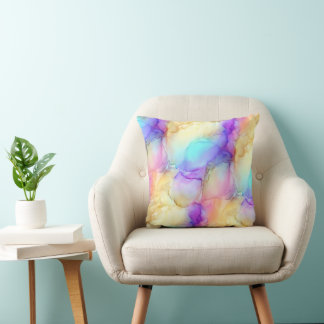 Coussin Arc-en-ciel pastel Turquoise Violet et Jaune Marbr