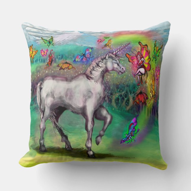 Coussin Arc-en-ciel Unicorn papillons Féeries Lancer l'ore (Recto)