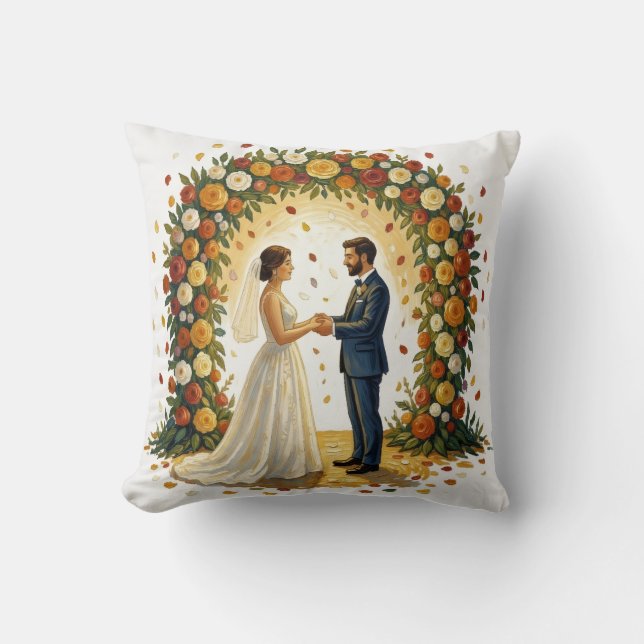 Coussin Arche de mariage romantique Couple de roses dorées (Recto)