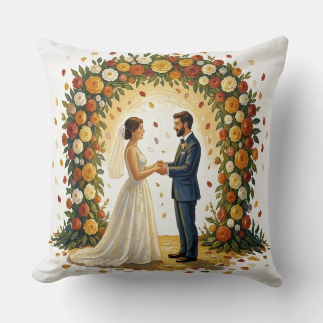 Coussin Arche de mariage romantique Couple de roses dorées (Recto)