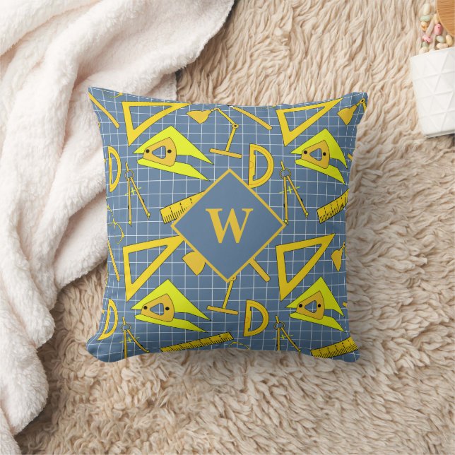Coussin Architect Dessin Outils Motif Monogramme Bleu (Couverture)
