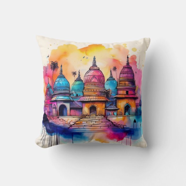 Coussin Architecture de Temple Vibrant - Aquarelle (Recto)