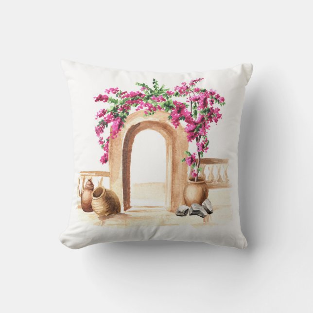 Coussin Architecture méditerranéenne, fleurs, aquarelle, h (Recto)