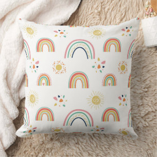 Coussin Arcs-en-ciel pastel boho et motif de soleil éclata