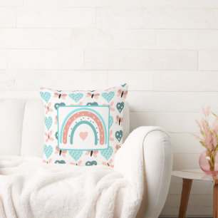 Coussin Arcs-en-ciel rose et Turquoise, papillons et coeur
