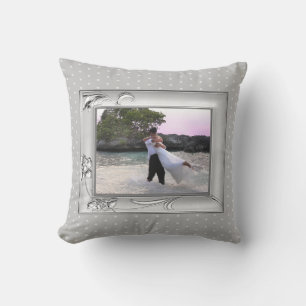 Coussin Argent avec cadre de fleurs Points gris Photo pers