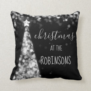 Coussin Argent de scintillement d'arbres de Noël de nom d