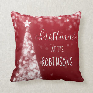 Coussin Argent de scintillement et rouge d'arbres de Noël