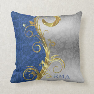 Coussin Argent Et Damas Bleu