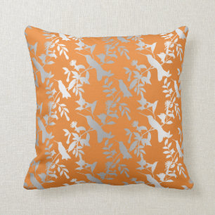 Coussin Argent Gris Métallique Floral Humming-birds Orange