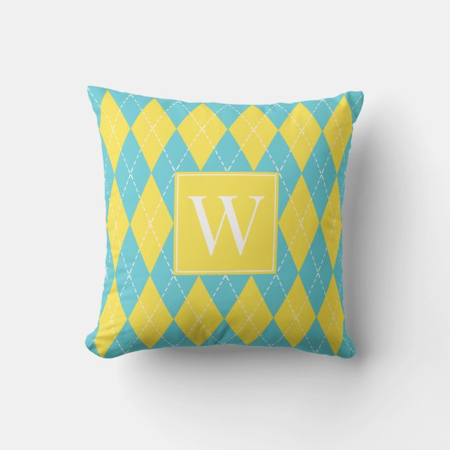 Coussin Argyle à broderie manuelle – Jaune et turquoise (Recto)