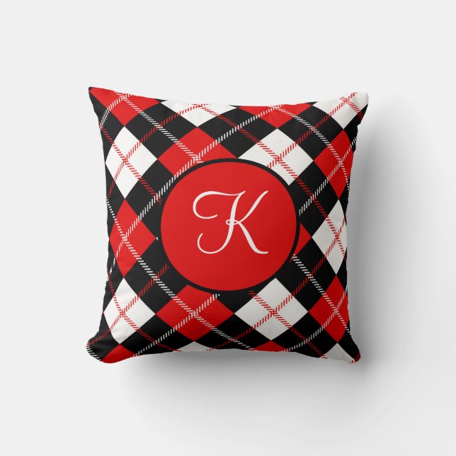 Coussin Argyle à carreaux rouge noir et blanc avec monogra (Recto)