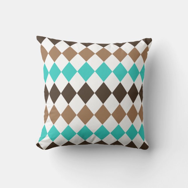 Coussin Arlequin en diamant tan, Turquoise et Brown (Recto)