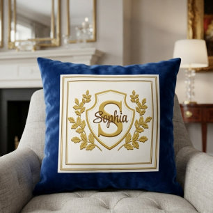 Coussin Armoiries élégantes royales bleues et or Monogramm