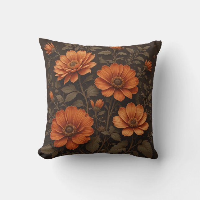 Coussin Arrière - plan brun foncé et fleurs orangées brûlé (Recto)