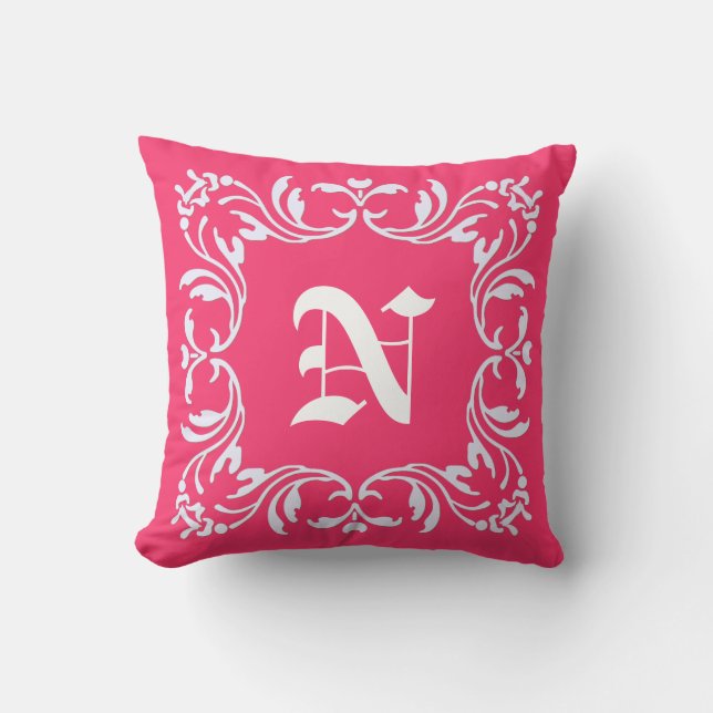 Coussin Arrière - plan rose vif et monogramme Damas (Recto)