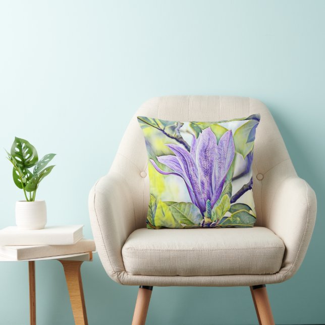 Coussin Arrière-plan vert de fleur de magnolia violet (Chaise)