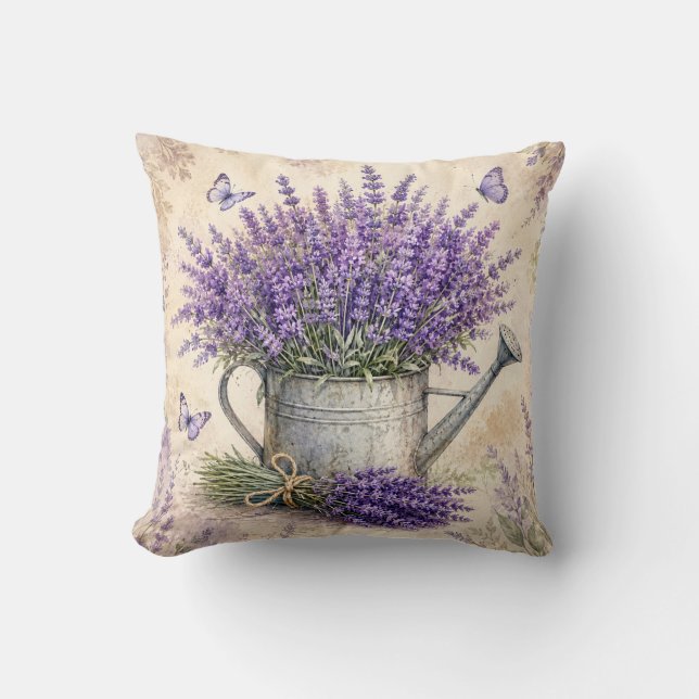 Coussin Arrosoir à la lavande aquarelle rustique  (Recto)
