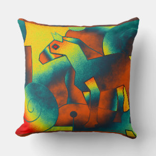 Coussin ART Abstrait - A HORSE - bleu rouge jaune