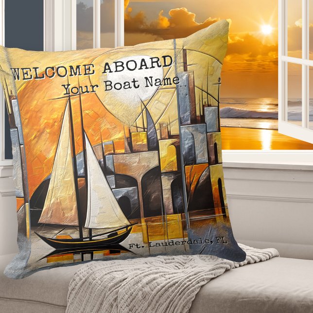 Coussin Art Abstrait coloré Voilier Nautique (Colorful artistic pillow with a nautical theme, showing an abstract fine art painting of a sailboat)