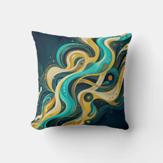 Coussin Art abstrait élégant sarcelle or flux
