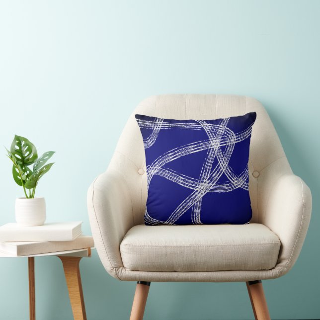 Coussin art abstrait gras lignes blanches sur fond bleu fo (Chaise)