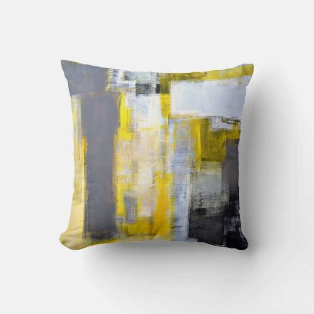 Coussin Art abstrait gris et jaune "occupé et occupé" (Recto)