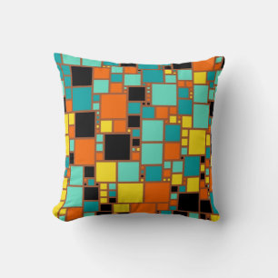 Coussin Art Abstrait Noir Jaune Bleu Bleu Carrés