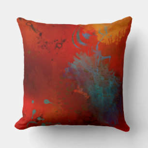 Coussin Art abstrait numérique grunge rouge, aqua et or