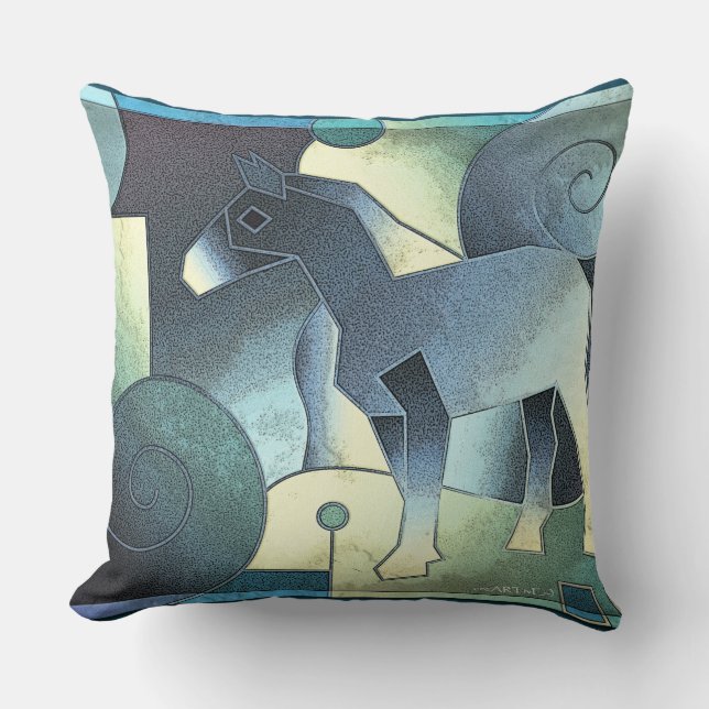 Coussin ART abstrait - UN CHEVAL - sable bleu (Recto)