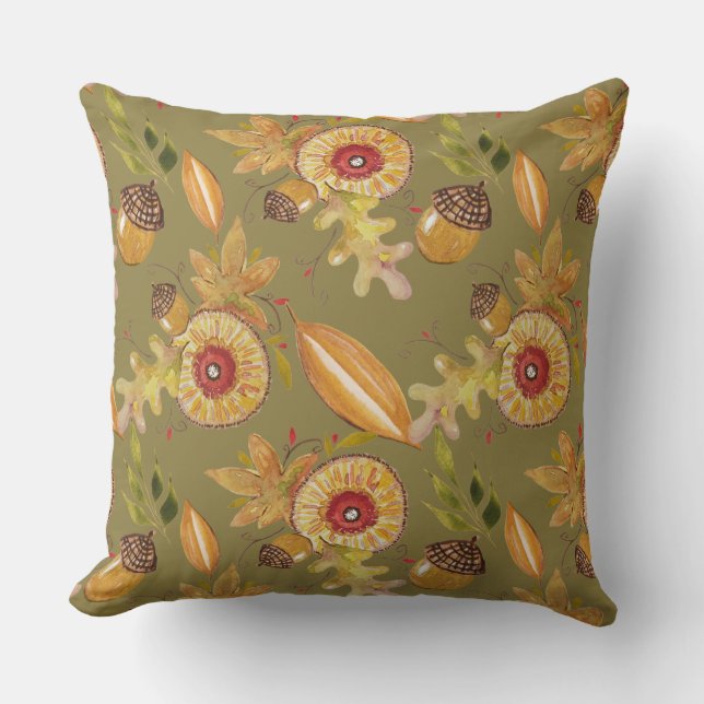 Coussin Art aquarelle de chêne à noix d'automne (Recto)